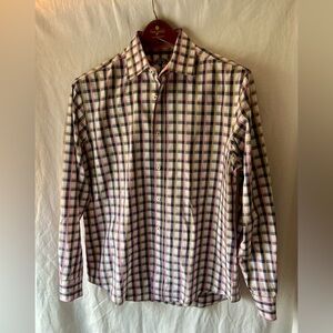 Bugatchi Shaped Fit L Men's Pink and Blue Checkered Plaid Long Sleeve Shirt